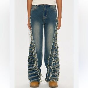 Gilipur Dk Blue Boho Retro 70’s Distressed Flare Jeans Stretch Cotton Rip, S NEW